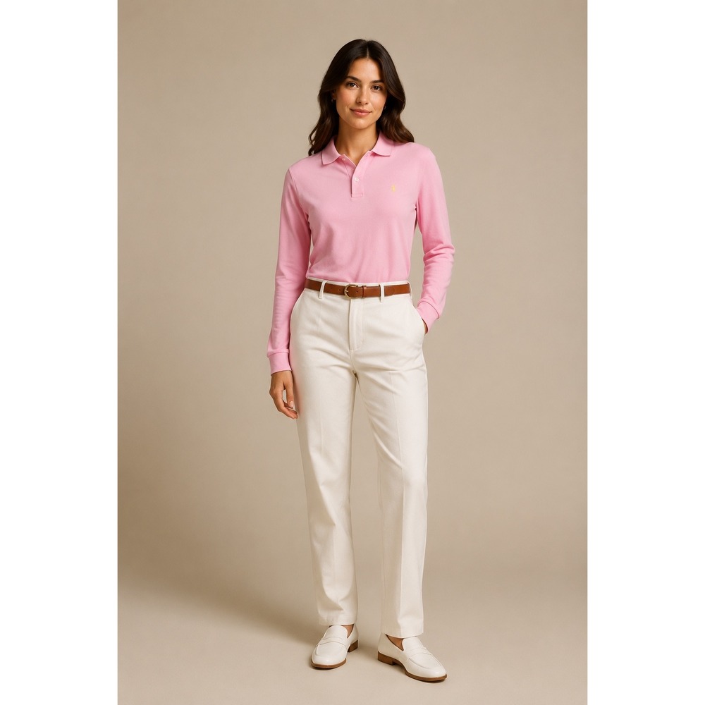 Ralph Lauren Sport Women's L Pink Long Sleeve Polo Shirt Yellow Pony Cotton